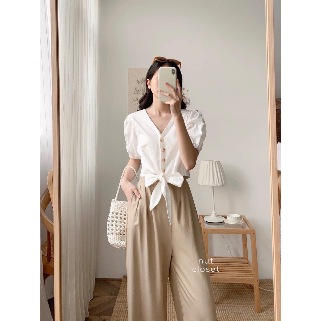 ÁO CROPTOP TAY CHUN ĐŨI THẮT NƠ TRƯỚC XINH XẮN | BigBuy360 - bigbuy360.vn