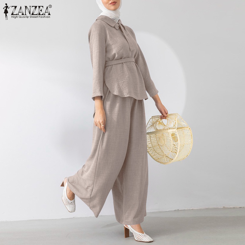 Zanzea Bộ Áo Cổ Bẻ Cột Dây Phối Quần Dài Ống Rộng Màu Trơn Thời Trang Cho Nữ