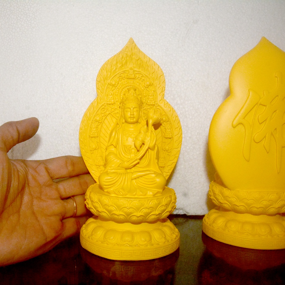 Bộ ba tượng Phật Tây Phương Tam Thánh ngồi đài hào quang vàng mơ cao 17cm
