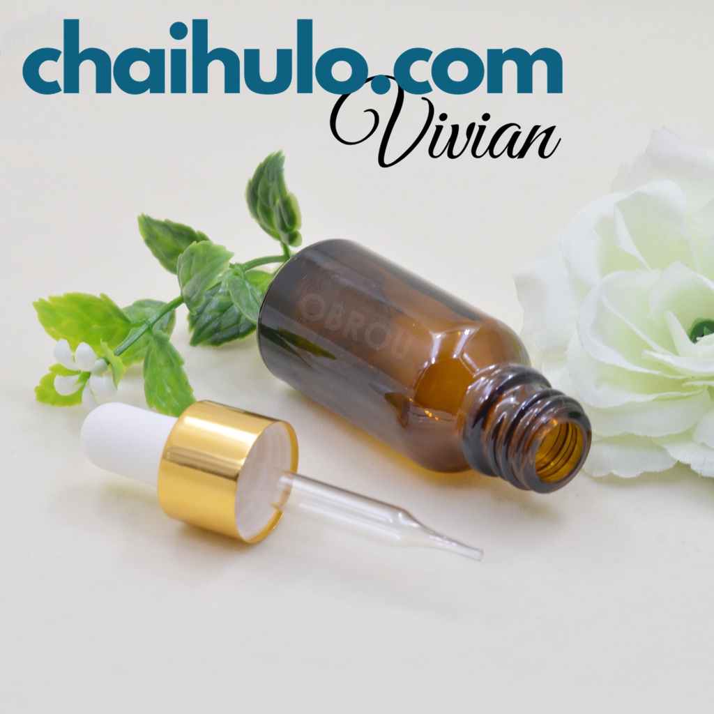 Chai thủy tinh, lọ đựng tinh dầu serum thân nâu nắp bóp nhôm vàng nút cao su nhỏ giọt 5ml 10ml 15ml 20ml 30ml 50ml 100ml