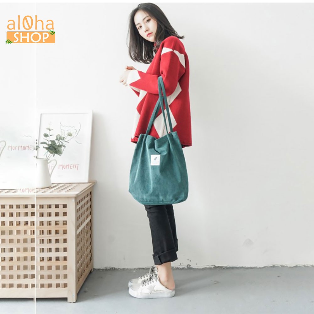 Túi tote vải bố canvas trơn T014 logo hình lá đựng đồ đeo vai đi học, đi chơi mềm đẹp