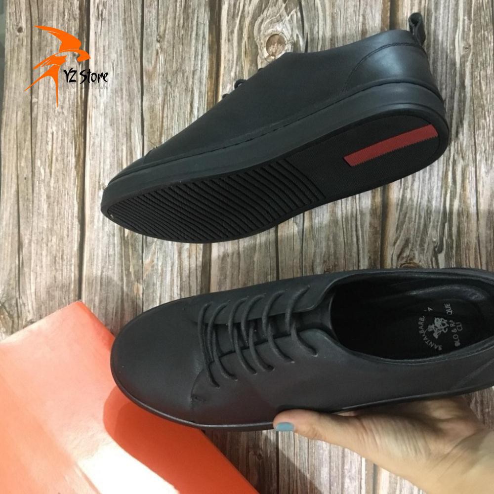 Giày thể thao nam cao cấp da bò buộc dây màu đen đế cao su có khâu đế