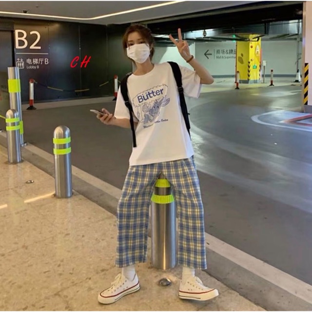 Sét áo Butter quần kẻ xanh COP989