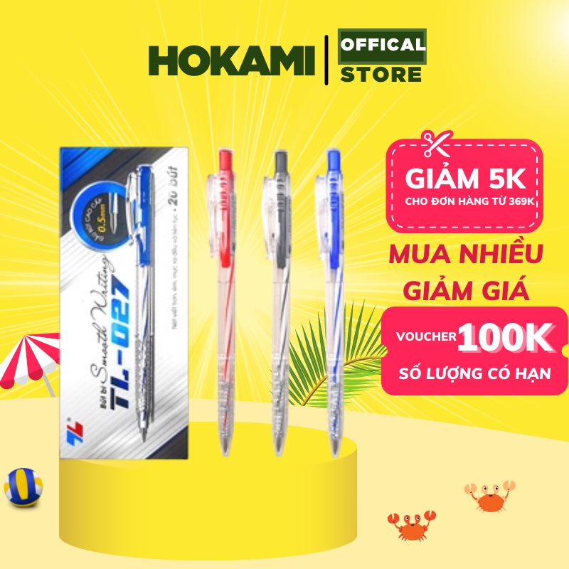 Bút bi thiên long - hộp 20 bút bi thiên long ngòi 0,5mm - TL027 - màu đen/đỏ/xanh - văn phòng phẩm HOKAMI STORE