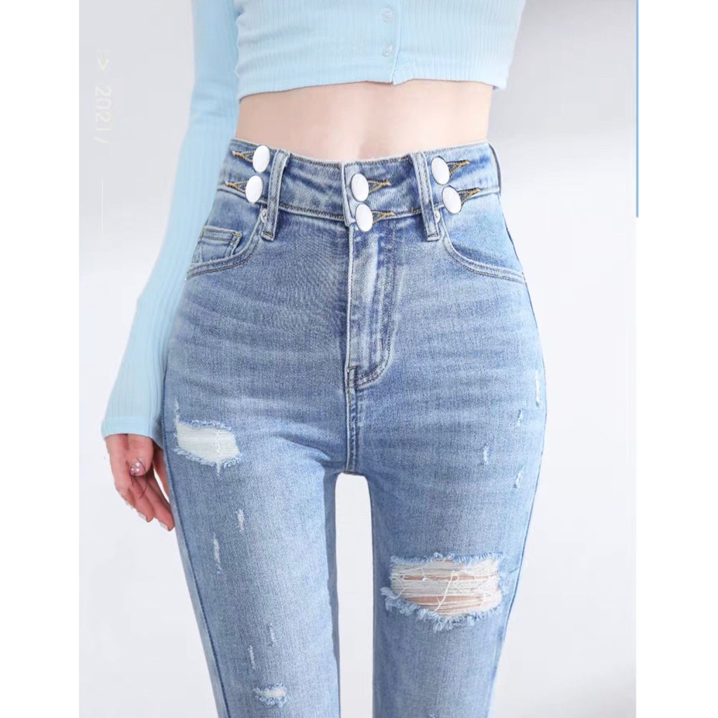 Quần jean nữ Bigsize Dài lưng cao, lưng kiểu đai 2 nút, màu xanh đá 3947