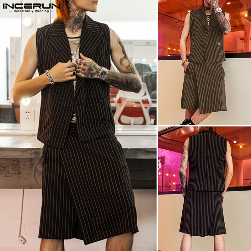 INCERUN Áo Ghi Lê Không Tay Kẻ Sọc + Quần Short Giả Váy Phong Cách Retro Cho Nam
