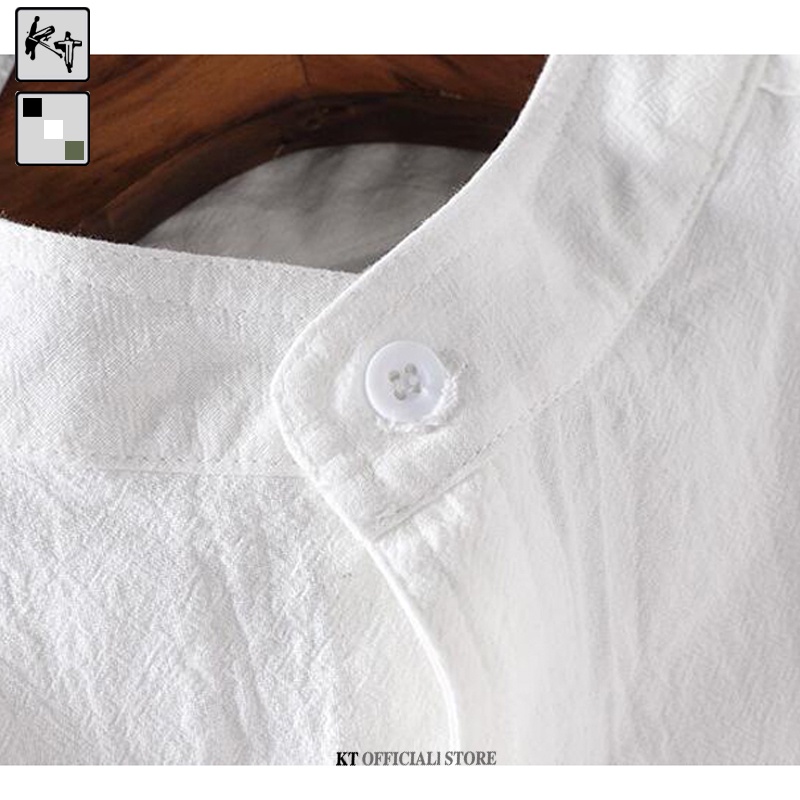 Áo sơ mi KT cotton lanh cổ tròn tay lửng dáng rộng thời trang mùa hè cho nam giới size M-3XL