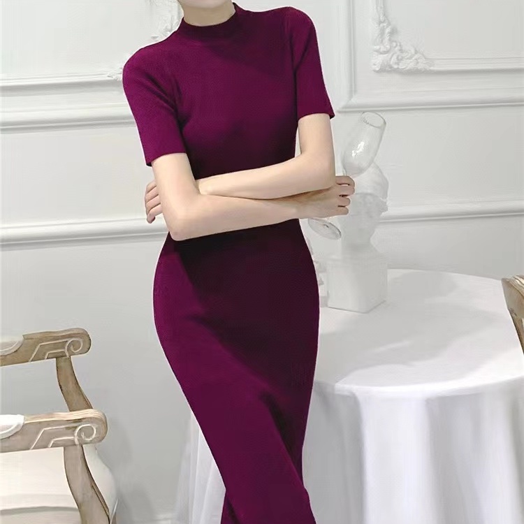 Đầm lửng SUXI dệt kim tay ngắn màu trơn ôm dáng thời trang mùa hè cho nữ