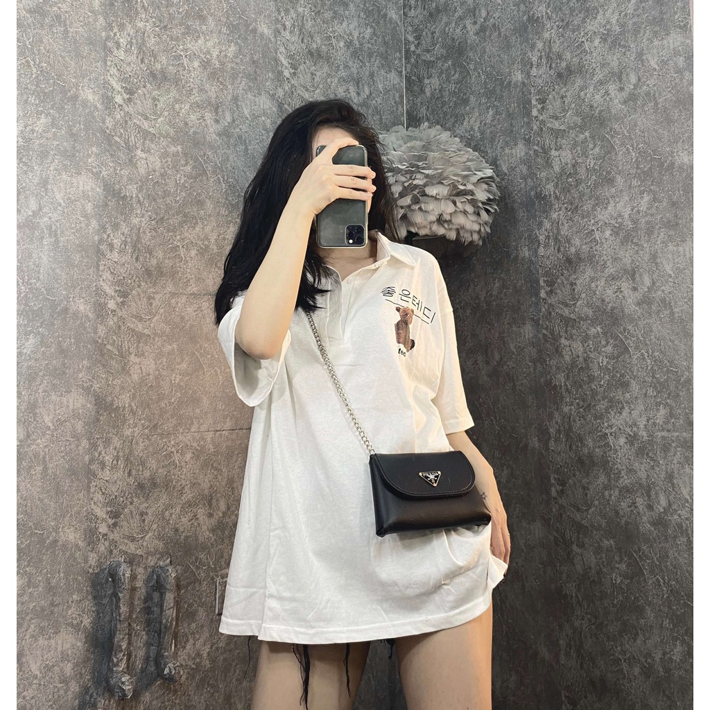 [Ảnh Thật] Áo Thun Polo Gấu TED Chữ Hàn 3 Màu Trắng/Đen/Chì Đậm