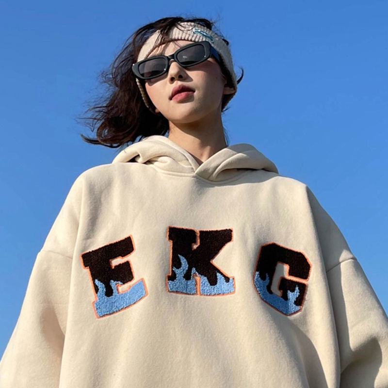 Áo hoodie lót nhung dày dặn dáng rộng in chữ thời trang thu đông dành cho nam và nữ