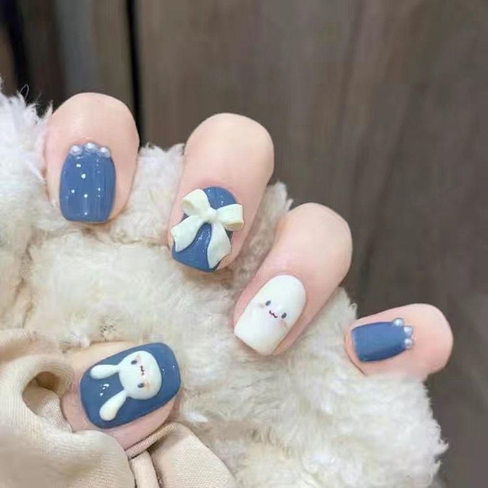 Bộ Móng Tay Giả Ngắn In Họa Tiết Hoạt Hình Gấu / Trái Tim / Dâu Tây / Gấu 3D Xinh Xắn