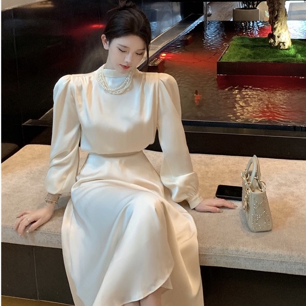 Set Áo Sơ Mi Tay Dài Cổ Tròn Vải Satin Cao Cấp Phối Chân Váy Lưng Cao Thời Trang Pháp Sang Trọng Cho Nữ