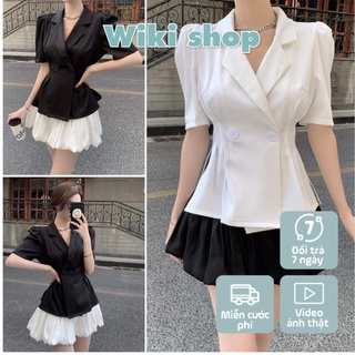 Set vest cộc tay mix quần lụa phồng đen trắng - 🌼Set áo vest xẻ cạnh mix quần dáng váy🌼