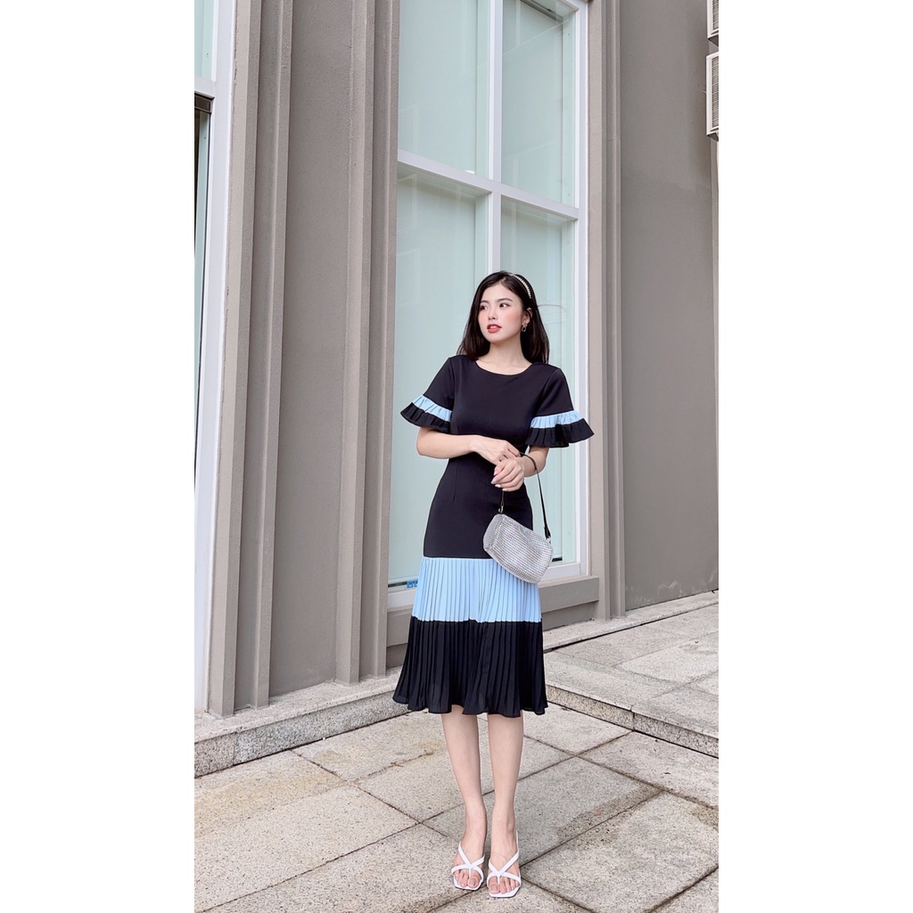 Đầm Công Sở Phối Màu Váy Dập Ly AKARA  K121 Tay Xòe Dập Ly Phù Hợp Đi Làm Dạo Phố Dự Tiệc Full Size | BigBuy360 - bigbuy360.vn