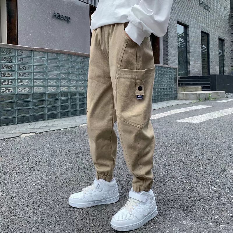 Quần dài cotton BXPB có dây thắt chống mòn dáng rộng có túi lớn cho bé trai 4-15 tuổi