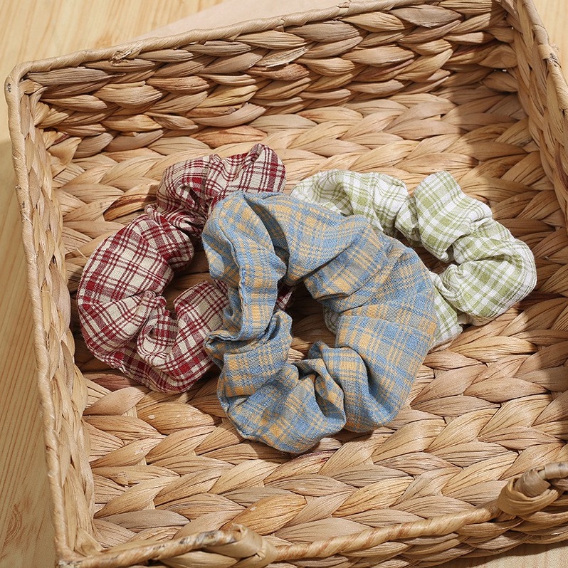 Buộc tóc scrunchies vải sọc caro nữ hàn quốc