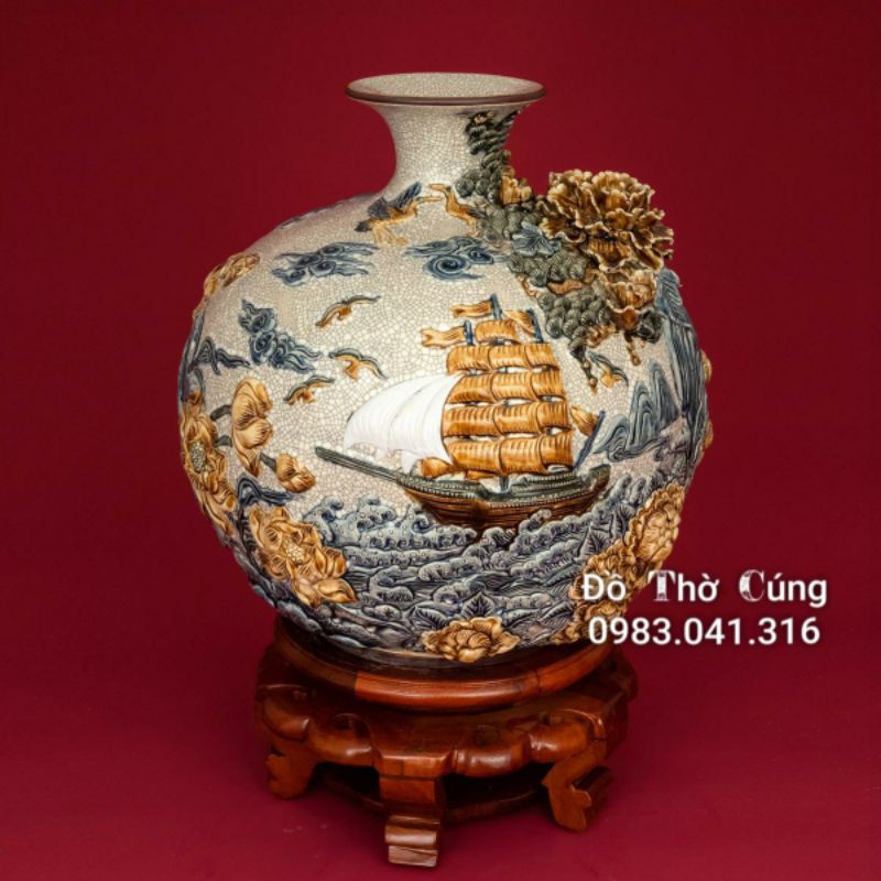 Bình Hút lộc Thuận buồm xuôi gió men rạn đắp nổi cao cấp