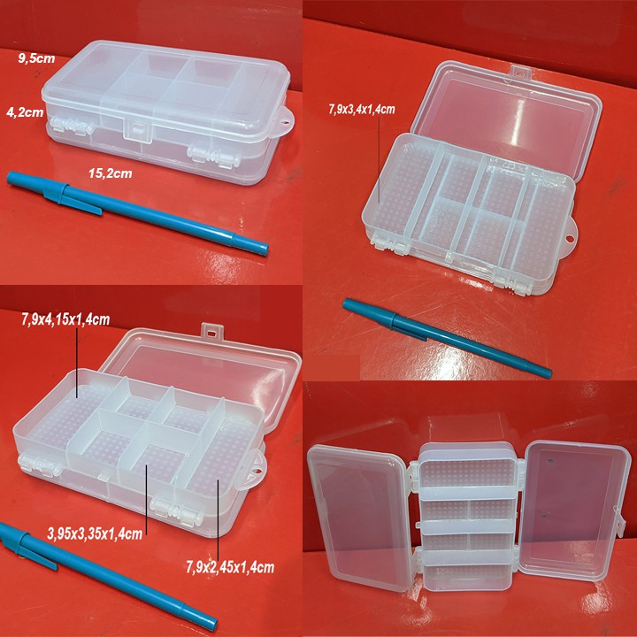 Hộp nhựa nhỏ nhiều ngăn, hộp thuốc 2 mặt, tổng cộng 10 ngăn và 2 nắp ở 2 mặt. 15,2x9,5cm cao 4,2cm. D661