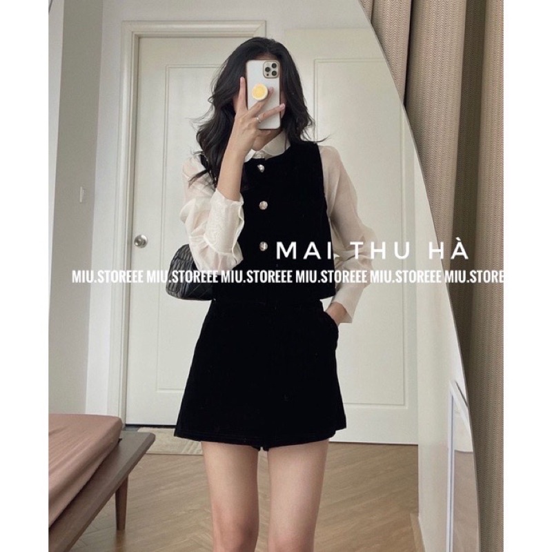 [ẢNH THẬT] SET NHUNG 3 MÓN ÁO SƠ MI VOAN BE+ ÁO GILE PHỐI CÚC + QUẦN SHORT NHUNG | BigBuy360 - bigbuy360.vn