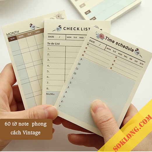 Tập 60 tờ note ghi chú phong cách Vintage lập kế hoạch check list dễ thương NO13