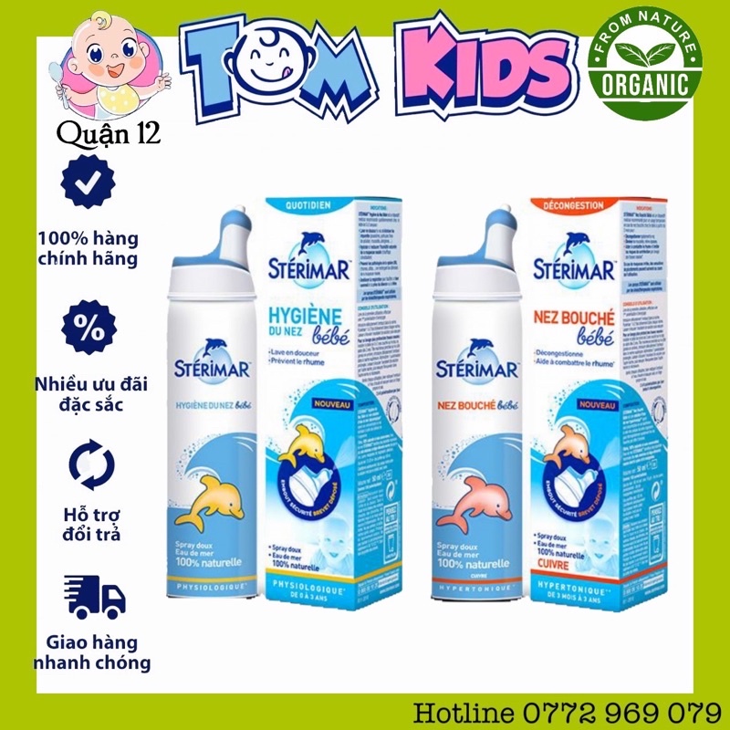 Xịt muối biển cá heo vàng xanh và cá heo cam (100ml) vệ sinh, hỗ trợ sổ mũi, nghẹt mũi cho bé 0-3 tuổi Sterimar, Pháp