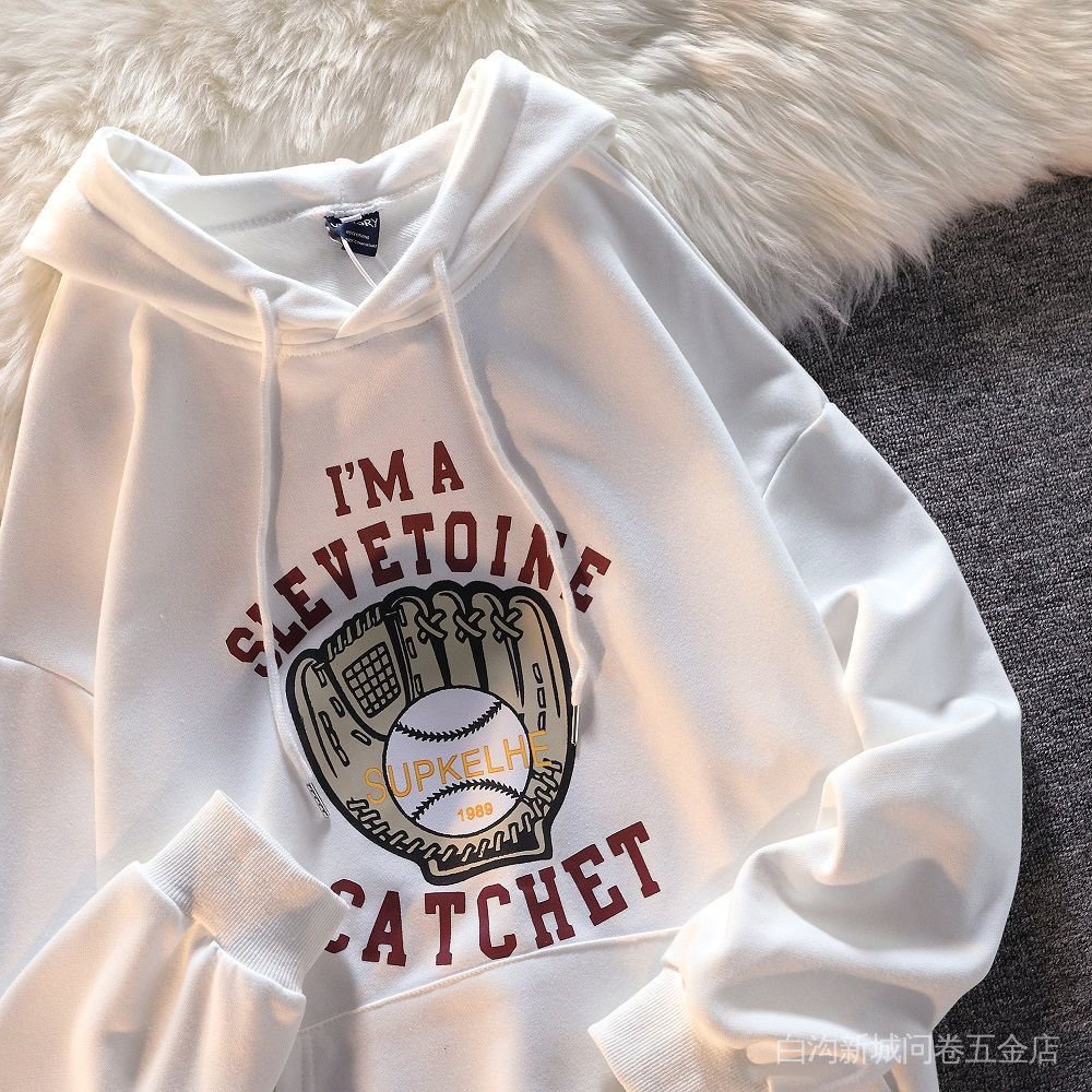 Áo sweater hoodie form rộng in hình găng tay bóng chày xu hướng đường phố Mỹ retro màu xanh lá đậm cho couple