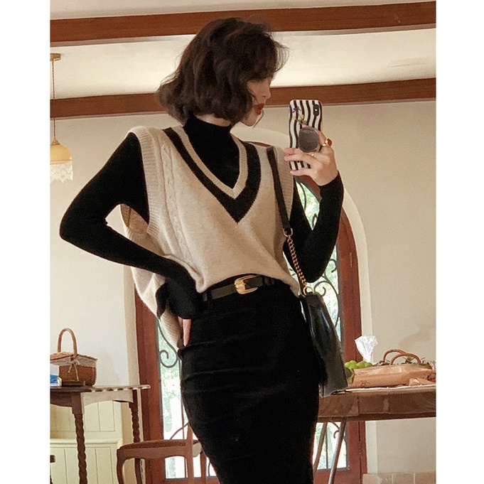 Áo sweater dệt kim không tay cổ chữ v dáng rộng phong cách vintage dành cho nữ