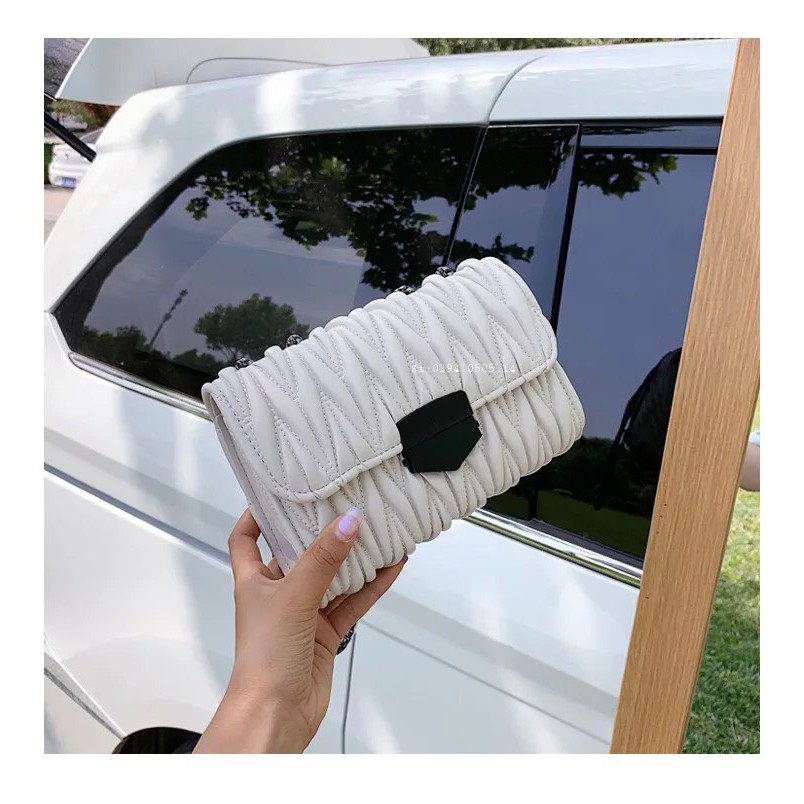 Túi Đeo Chéo Nữ ♥️FREESHIP♥️ Túi Đeo Vai Sóng Nhăn Khóa Kính Hàn Quốc Dây Xích Đen HQ 153