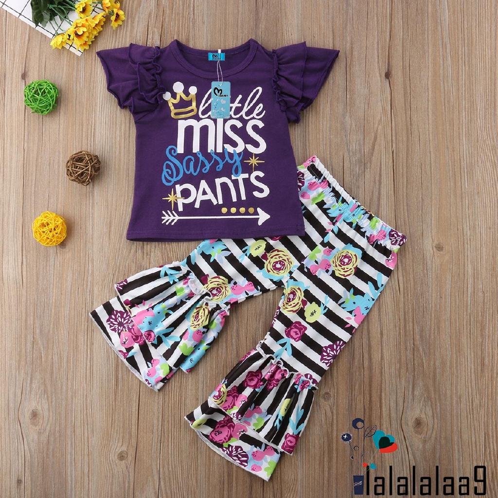 ♛loveyourself1♛-Kids Girls Striped Set Summer Ruffles T-shirt+Flare Pants Outfit Clothes 1-6Y