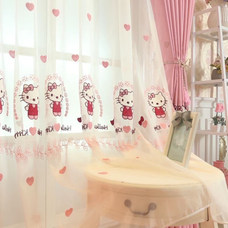 Rèm cửa trẻ em hình Hello Kitty màu hồng, màu xanh, rèm voan thêu kitty, rèm dán tường, dán cửa, treo thanh decor cửa sổ