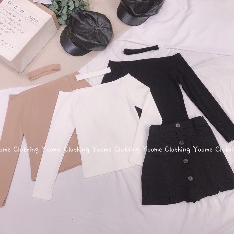 Áo trễ vai tay dài cổ choker tháo rời chất cottonzip dày dặn co giãn đa chiều Yoomeclothing ( ảnh thật tại shop )