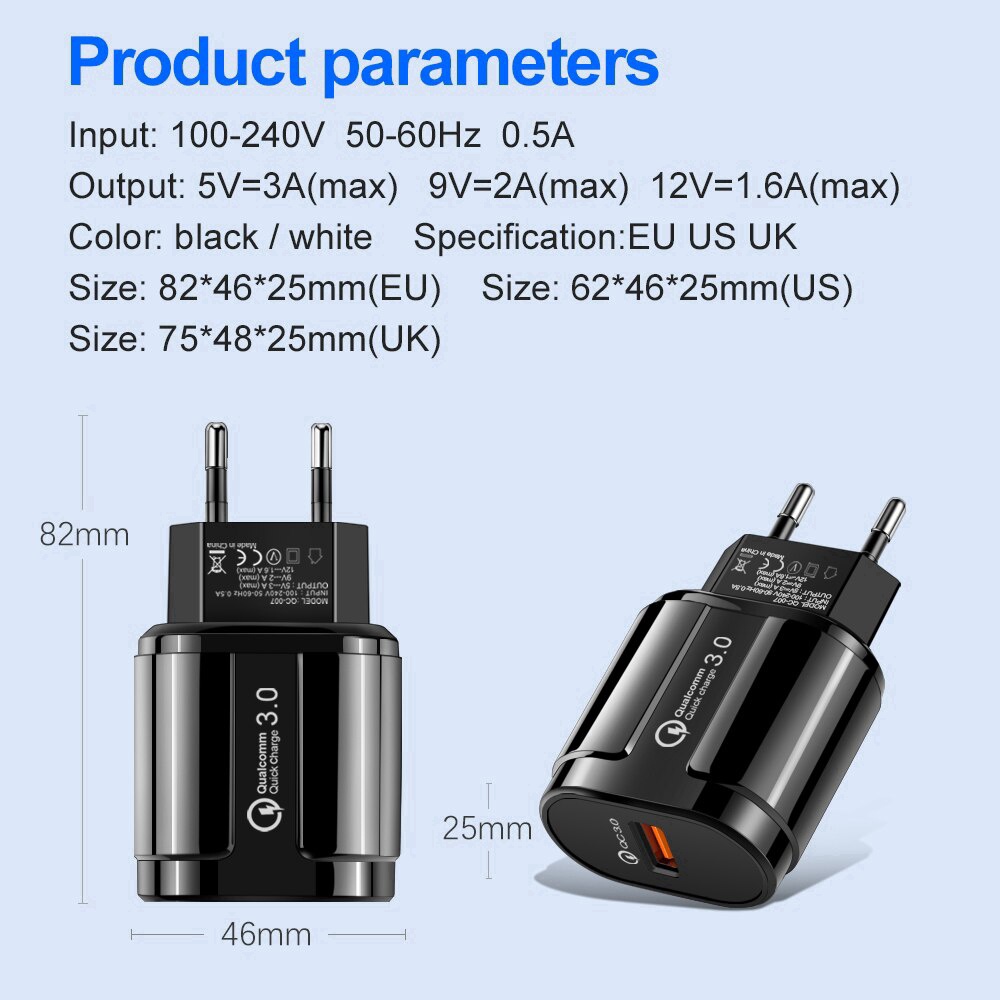 Cốc Sạc Nhanh QC3.0 18W / 3A Cho Điện Thoại Android iOS