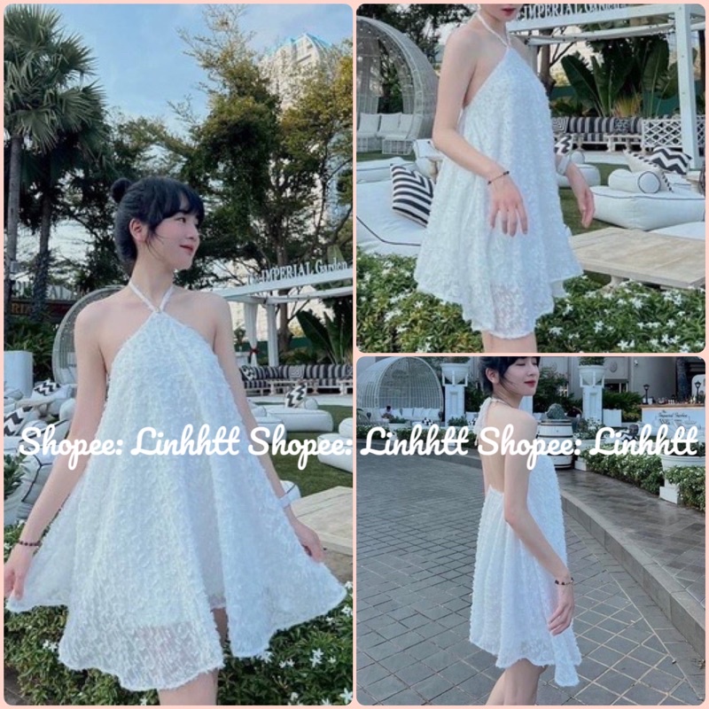 ĐẦM CỔ YẾM LÔNG VŨ ĐẦM BBD GIẤU QUẦN HOA NỔI váy yếm lông vũ hở lưng váy cổ yếm lông vũ