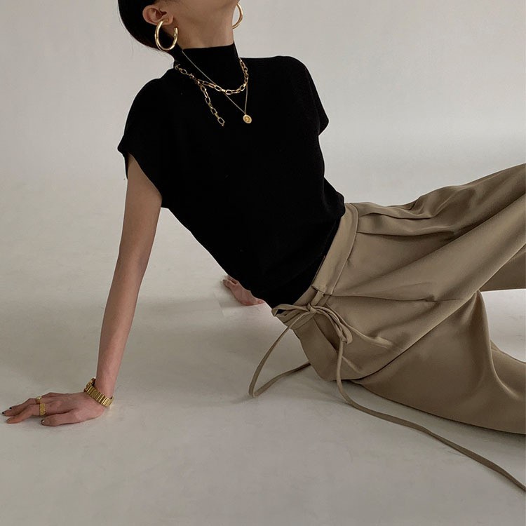 [MURIOKI] Áo Thun Dệt Kim Sát Nách Cổ Cao Kiểu Pháp Xinh Xắn Cho Nữ