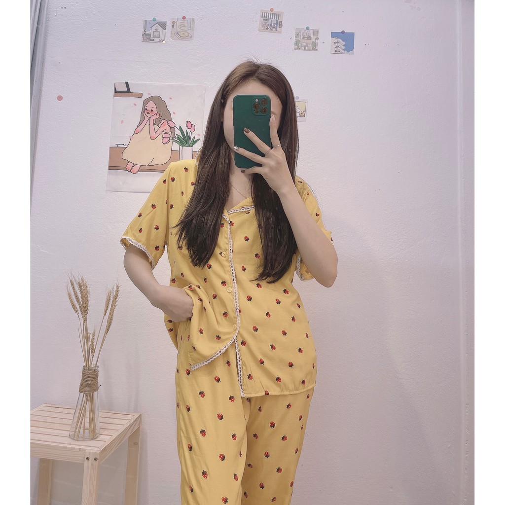 [FreeShip] Pijama, Bộ Đồ Mặc Nhà Chất Đũi Xước Họa Tiết Nhí Viền Ren Hàng Cao Cấp