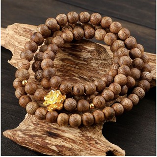 Vòng tay trầm hương 108 hạt tự nhiên mix charm hoa sen mạ vàng dành cho nam nữ Tặng Hộp + Dây + Cáp xâu
