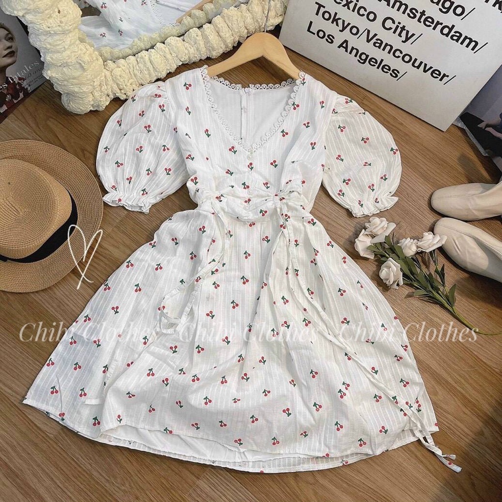 ĐẦM XÔ CHERRY CỔ V VIỀN REN 😍