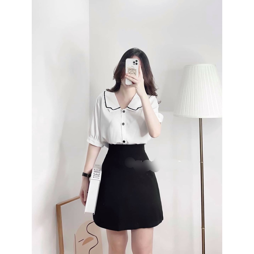 Áo sơ mi nữ công sở Gloria Shop, Áo sơ mi nữ tay ngắn viền cổ sen chất liệu Lụa cao cấp KEM+TRẮNG