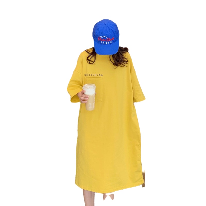 Đầm thun cotton PERTY ngắn tay thêu họa tiết phối túi thời trang cho nữ