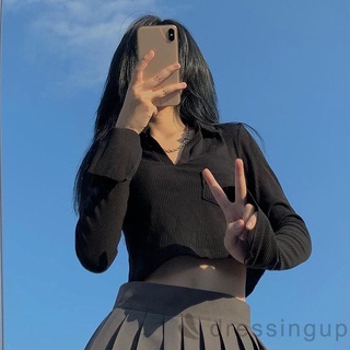 Áo Croptop Tay Dài Cổ Bẻ Màu Sắc Thanh Lịch