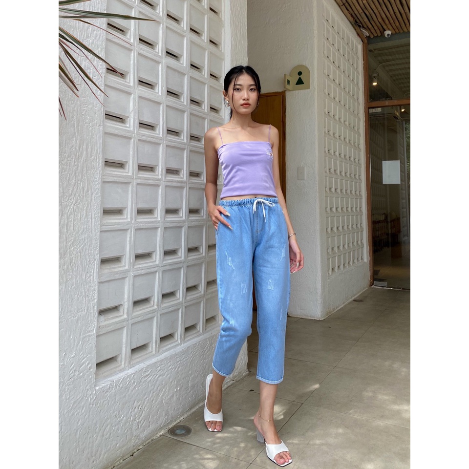 Quần jean baggy lưng thun gập lai cào xước