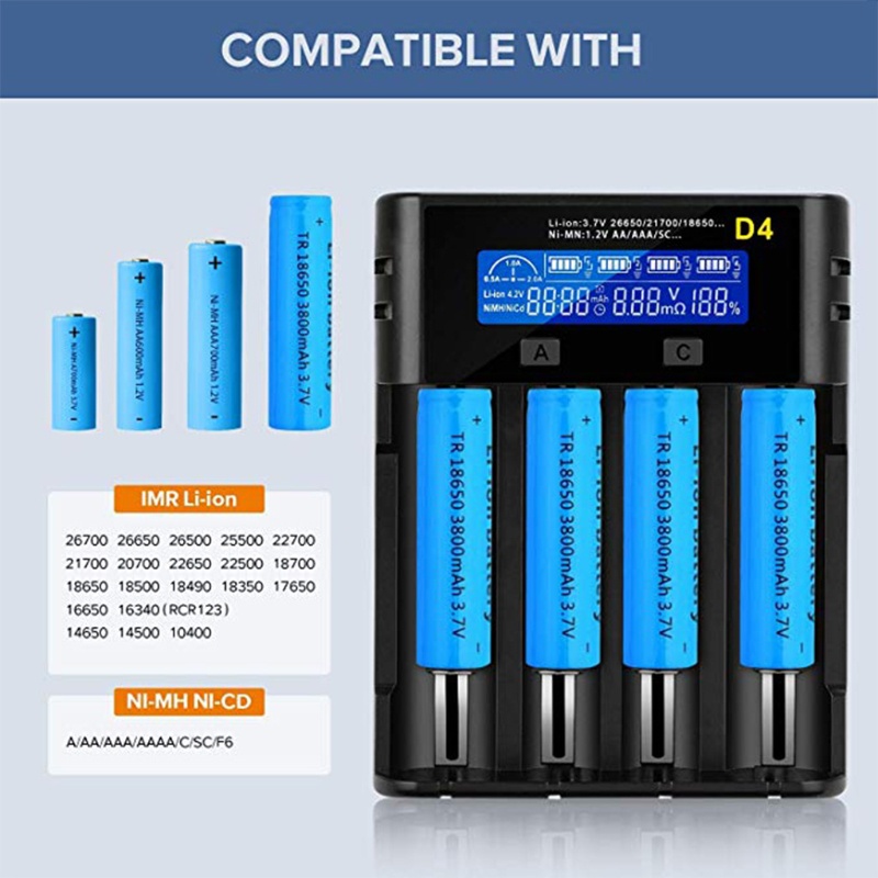 Bộ sạc nhanh AAA/AA 4 cổng tự động màn hình LCD