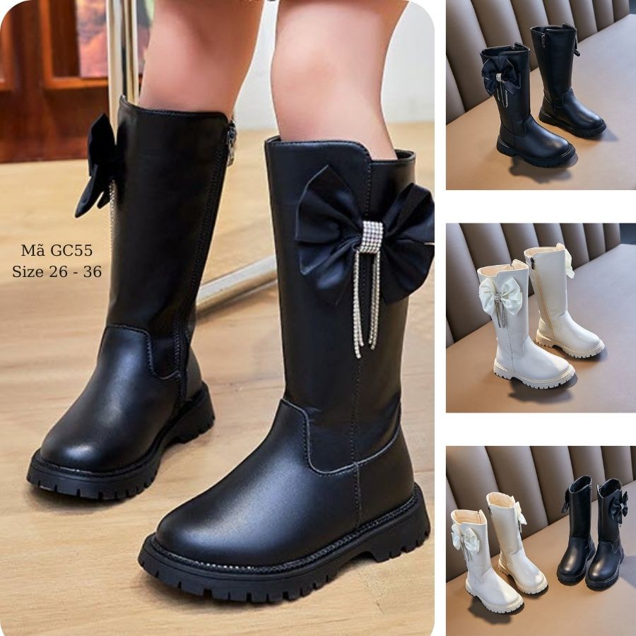 Boot bé gái - Giày bốt cổ cao cho bé 3 đến 12 tuổi thời trang da cao cấp dáng dài 2 màu trắng đen cá tính GC55