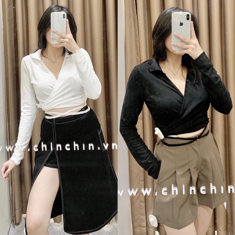 Áo croptop tay dài vạt chéo thắt eo