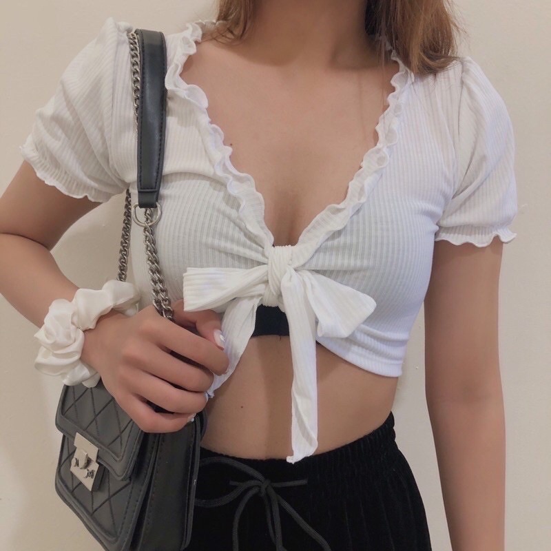 Áo Croptop Tay Ngắn Phối Viền Bèo Cột Nơ (Mặc được 2 kiểu) - AN08