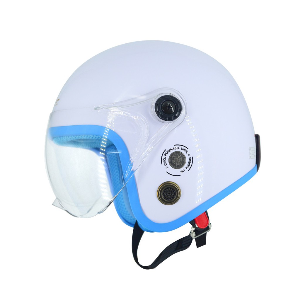 Mũ bảo hiểm 3/4 kính liền SRT - Trắng lót Xanh dương viềng xanh dương - thông gió - Cao Cấp