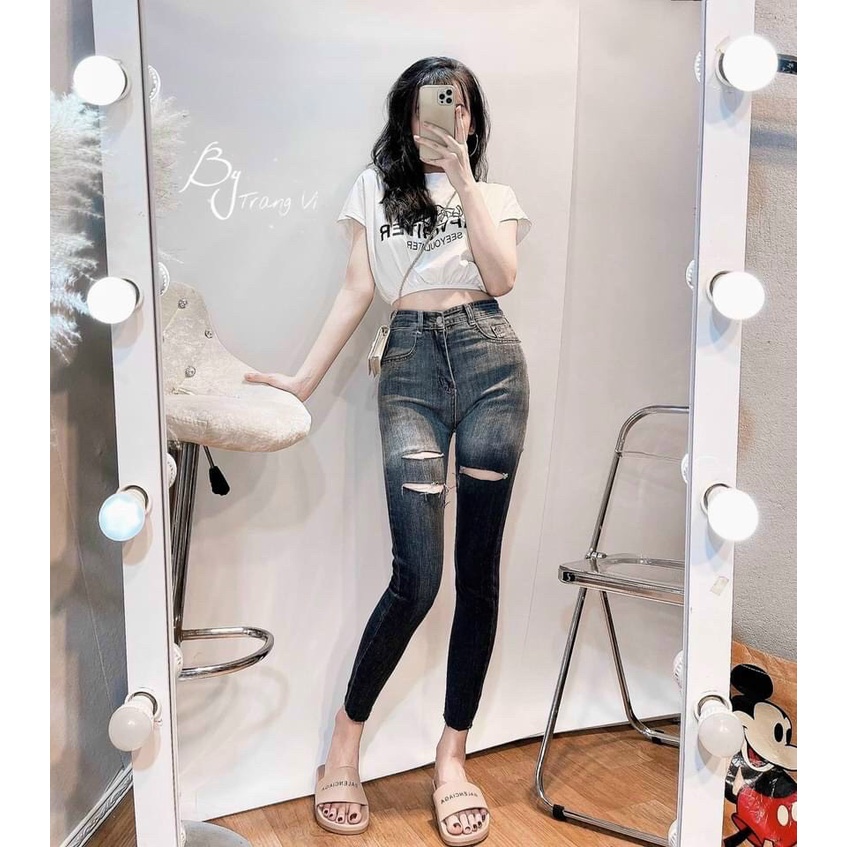 Quần bò nữ ôm dáng, mầu loang khói, quần rách, quần jean nữ chất bò giãn đẹp lắm luôn, Cạp siêu cao, tôn dáng cho chị em | BigBuy360 - bigbuy360.vn
