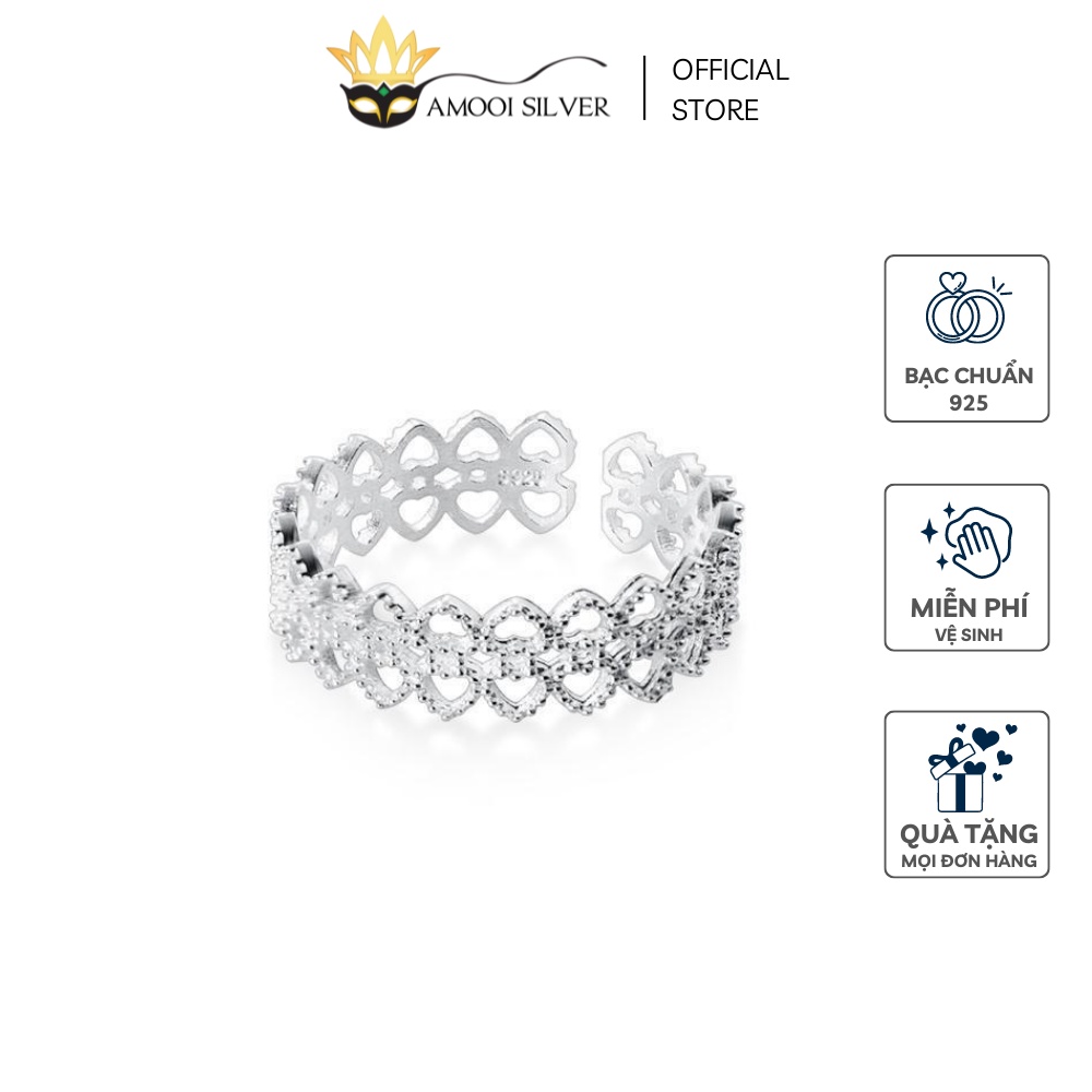 Nhẫn bạc S925 Sterling Viền Ren Hoa Văn Trái Tim Rỗng Freesize - Amooi Silver AN26