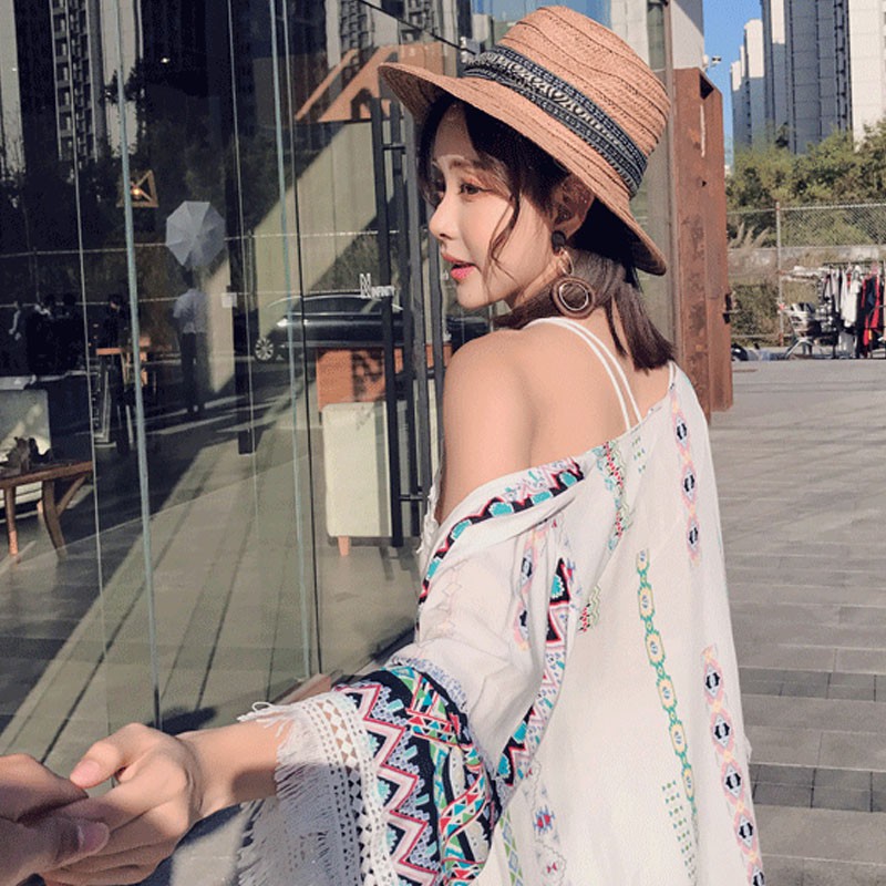 Áo choàng đi biển thổ cẩm tua rua dài/ áo sơ mi