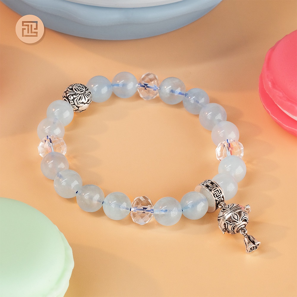 TINH LÂM Vòng Tay Phong Thủy Đá Aquamarine 8 Li - Charm Hoa Sen Phối Đá Thạch Anh